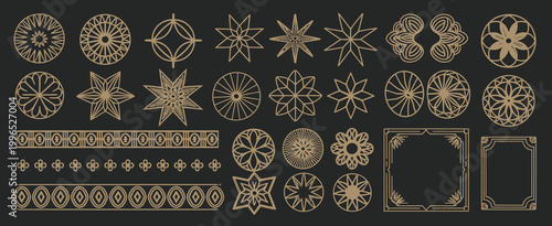 Set of decorative geometric elements, mandala patterns, and vintage frames