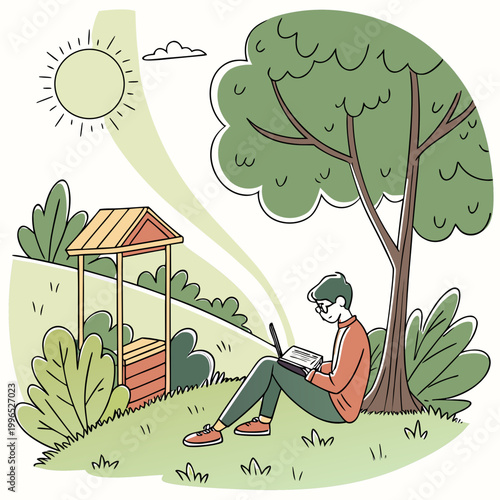 Person using a laptop under a tree in a sunny park with remote work digital nomad line art computer outdoors freelance