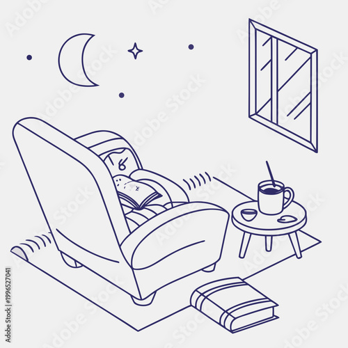 Cozy nighttime reading scene with a person asleep in an armchair by a window, next to a table with a mug of coffee and a book