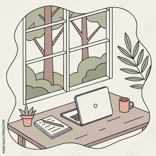 Desk with laptop notebook pen coffee mug set against a window view of trees and foliage, the scene is framed by a window offering