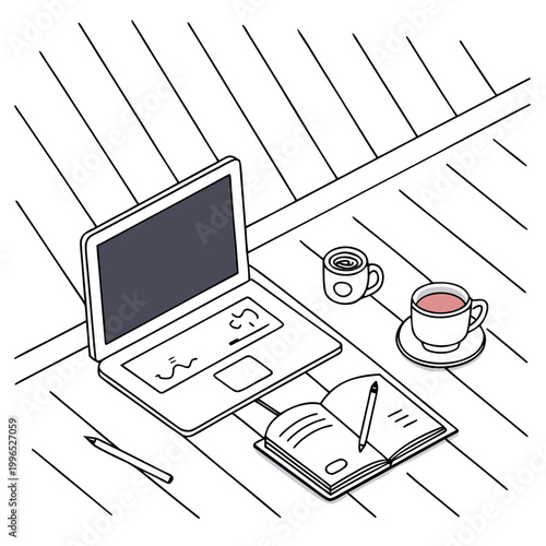 Desk setup with laptop open notebook pen two cups of coffee on a wooden surface home office ordinateur portable bureau domicile