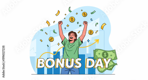 Man Celebrating with Money and Coins.