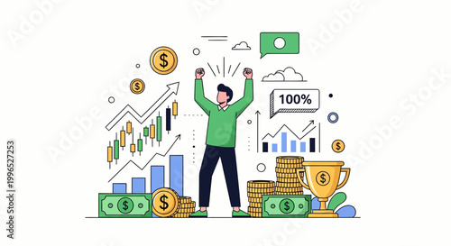 Man Celebrating Financial Success with Money.