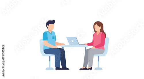 A man and a woman are sitting at a table with a laptop, engaged in a professional discussion or interview in a flat vector style illustration.
