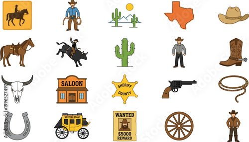Wild west icon set featuring cowboy elements desert symbols sheriff badge horses saloon and vintage western culture vector collection
