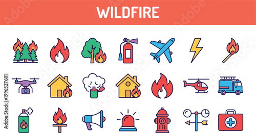 Wildfire disaster icon set featuring emergency response fire hazards rescue equipment evacuation alerts and environmental crisis symbols vector collection