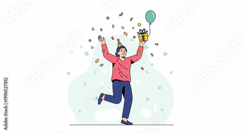 Man Celebrating with Trophy and Balloon.