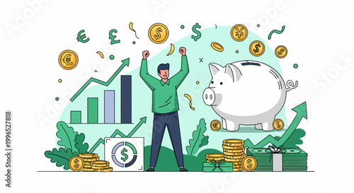 Man Celebrating with Piggy Bank Money.