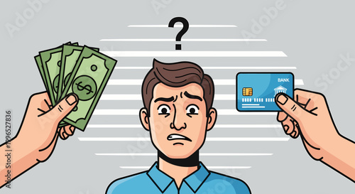 Man choosing between cash and credit card.