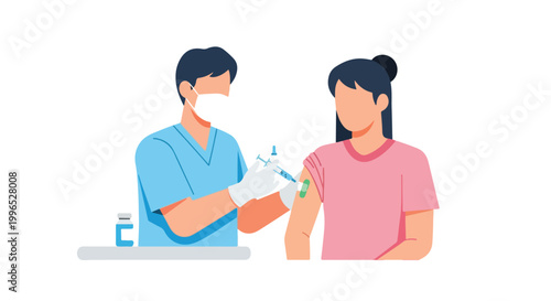 A healthcare professional wearing a mask and scrubs administers a vaccination to a female patient, with a vaccine vial on a nearby table.