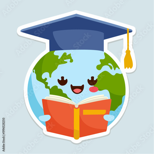 Cute Earth character wearing graduation cap and reading a book