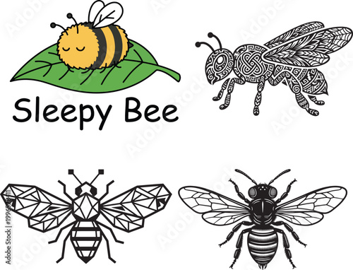 Black and white illustration of bees flying and pollinating in minimalist style