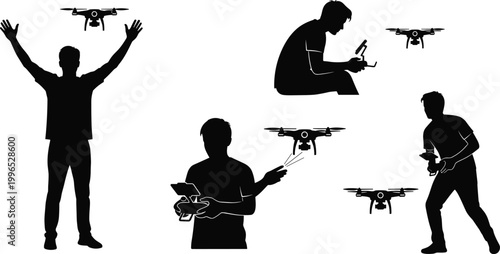 Silhouette of People Operating Drones Vector Set for Technology, Gadgets, and Aerial Photography Designs