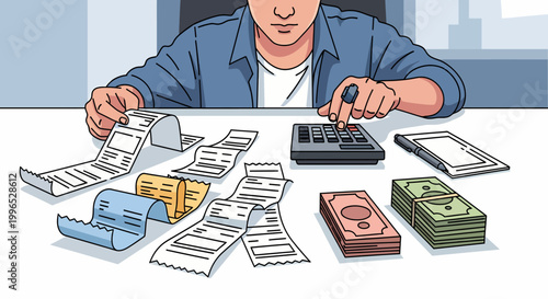 Man counting money on a desk.