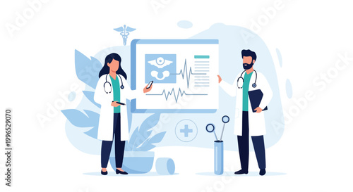 Two doctors in white coats analyze patient data and a spinal scan on a large digital screen in a modern healthcare facility.
