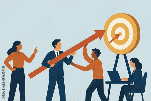 A vector art concept of professional workers striving to meet product marketing targets, symbolized with a target icon, representing focus, strategy, and business goals.