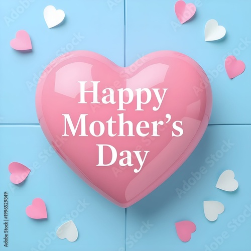 pink heart with text Happy Mother's Day pastel blue  background