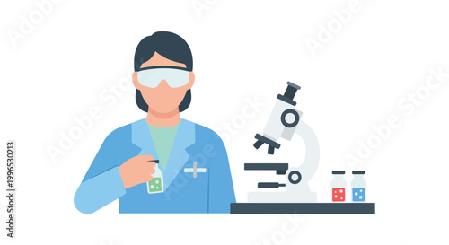A female scientist wearing safety goggles and a blue lab coat conducts research using a microscope and various colorful chemical vials in a lab.