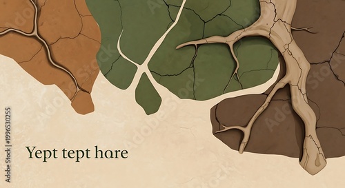 Cracked earth with green leafy branch.