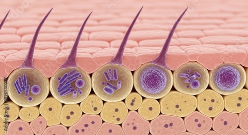 Close-up 3d render of hair follicles and skin layers, detailed medical illustration of dermatology and human anatomy