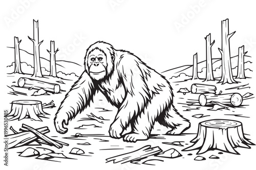 A vector illustration of an orangutan walking through a devastated forest, surrounded by cut trees, highlighting the impact of illegal logging and deforestation.