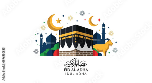 Happy Eid Al Adha with Kaaba and Crescent Moon Night