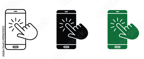 Smartphone screen with hand cursor tap gesture icon set vector on white background, modern UI illustration ideal for mobile apps, user interaction, and digital onboarding design