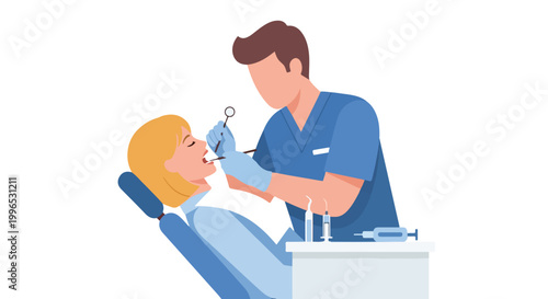 A male dentist in blue scrubs performs a dental examination on a female patient sitting in a blue chair with various medical tools nearby.