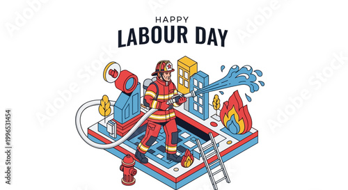Isometric illustration celebrating labour day with a firefighter heroically extinguishing a building fire with a hose, set against a clean white background in a cheerful and celebratory