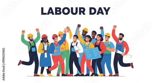 Diverse group of workers celebrating Labour Day in a vector illustration, showing solidarity and workforce appreciation against a clean white background with a cheerful and energetic mood