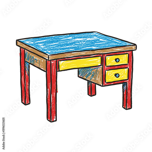 A colorful illustration of a desk with drawers in a room interior