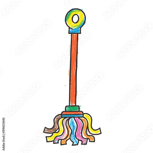 A colorful illustration of a broom with multicolored bristles and a vibrant handle