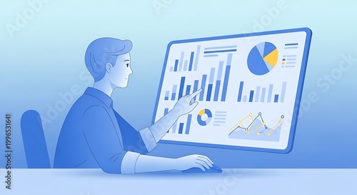 Businessman analyzing data on computer screen.