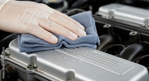 Mechanic Cleaning Car Engine with Microfiber Cloth and Gloves Close-up