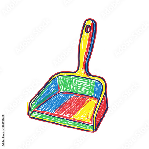 A colorful illustration of a dustpan with a handle.