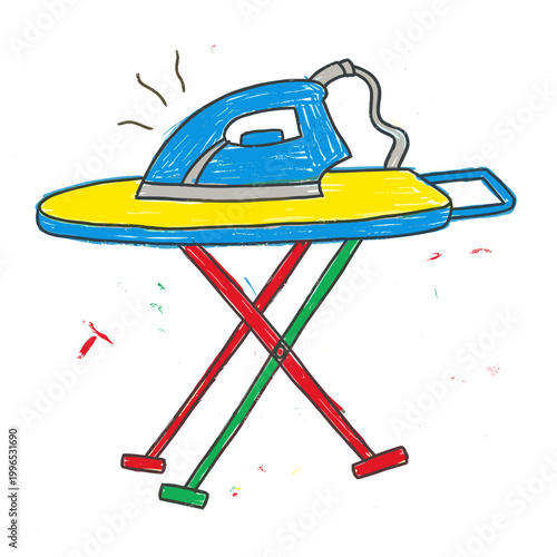 Iron on ironing board with steam rising