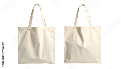 Two natural color blank tote bags shown side by side on a dark backdrop