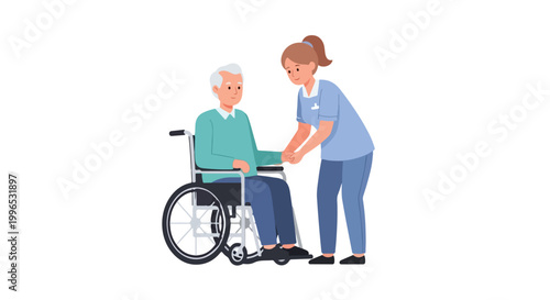 A female nurse in a blue uniform assists an elderly man in a wheelchair, demonstrating compassionate geriatric care and professional medical support.