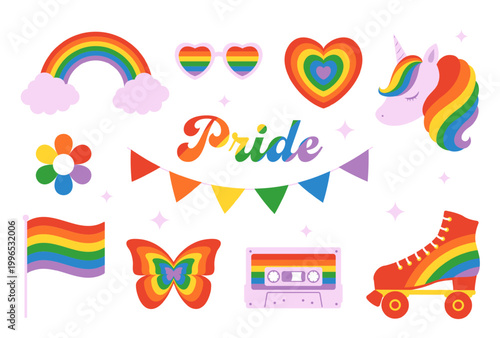 Cute Rainbow Icon Set for Happy Pride Month, LGBTQ+ Concept Vector Illustration