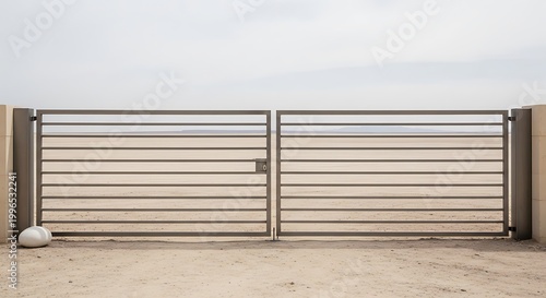 Modern metal security gate in a minimalist desert landscape