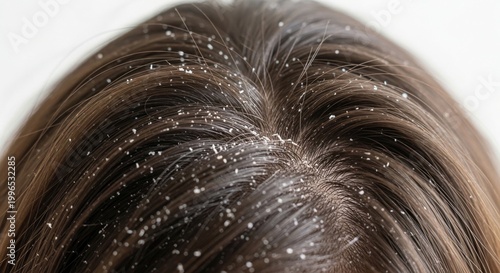 Close-up of healthy human hair with visible dandruff flakes, natural lighting, realistic texture, beauty care concept
