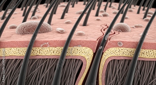 Close-up vector art of human hair follicles and skin layers with detailed hair strands, 3d render of healthy scalp