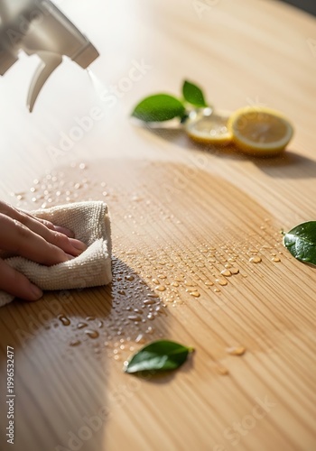 Natural Cleaning of Wooden Table with Lemon Spray and Microfiber Cloth
