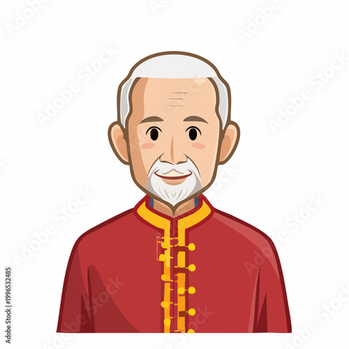 Cartoon of an elderly East Asian man in traditional red clothing