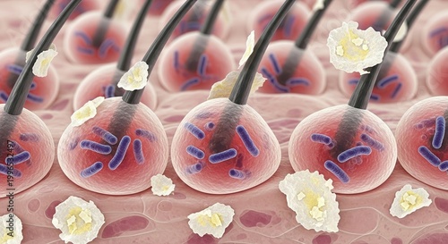 3d render of hair follicles and dandruff, close-up view, medical illustration, skin health, dermatology