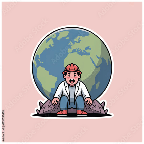 Cartoon man wearing hard hat holding up the earth.