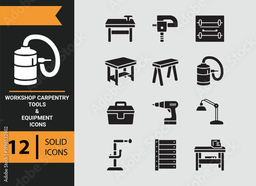 Workshop Carpentry Tools Equipment Professional Icons Set