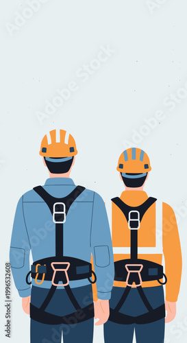 Industrial workers in safety harnesses and hard hats standing together, representing construction and occupational safety