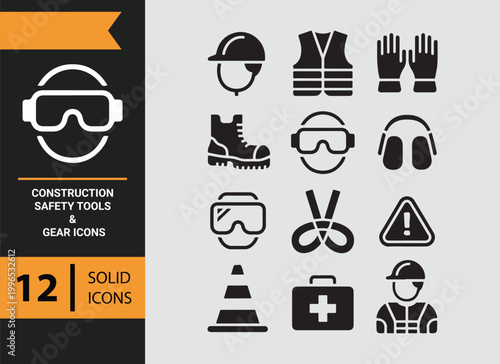 Construction Safety Tools Protective Gear Industrial Icons Set