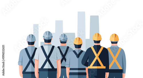 Teamwork and Collaboration Construction Workers Standing Together Against a Chart Background Representing Growth and Success in the Industry